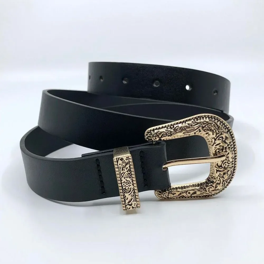 Y2K Coastal Cowgirl Black Gold Ornate Buckle Belt, 36–43.5 Inches, X7GA1136